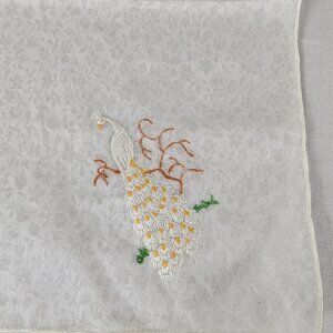 Peacock Embroidered Handkerchief Rolled Edges Floral Pattern Hankie Vintage